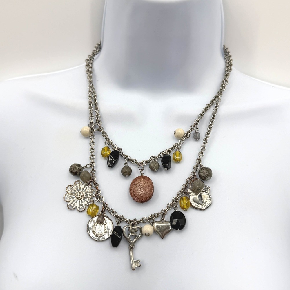 Lane Bryant Silver Tone Multi Strand Charm Necklace Heart Key Flower Beads Boho